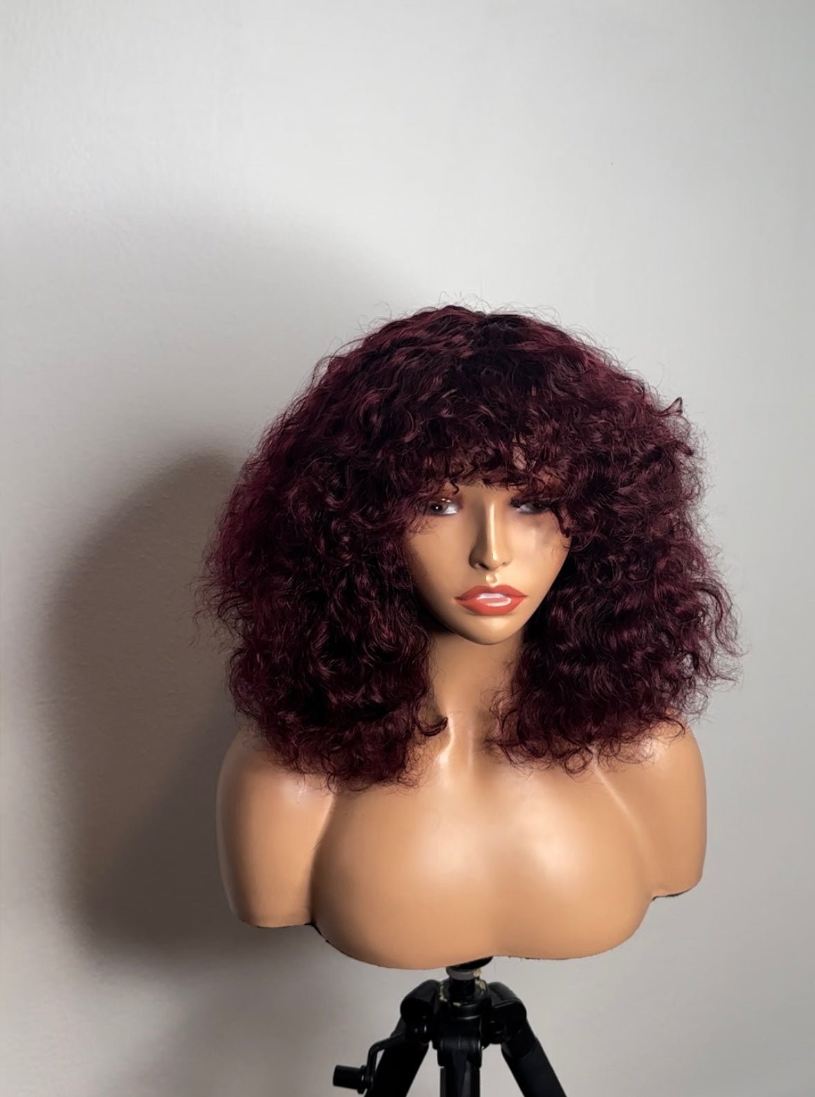 12 inches SDD Fringes Burgundy Luxury Curls Human Hair Wig - Helens Couture