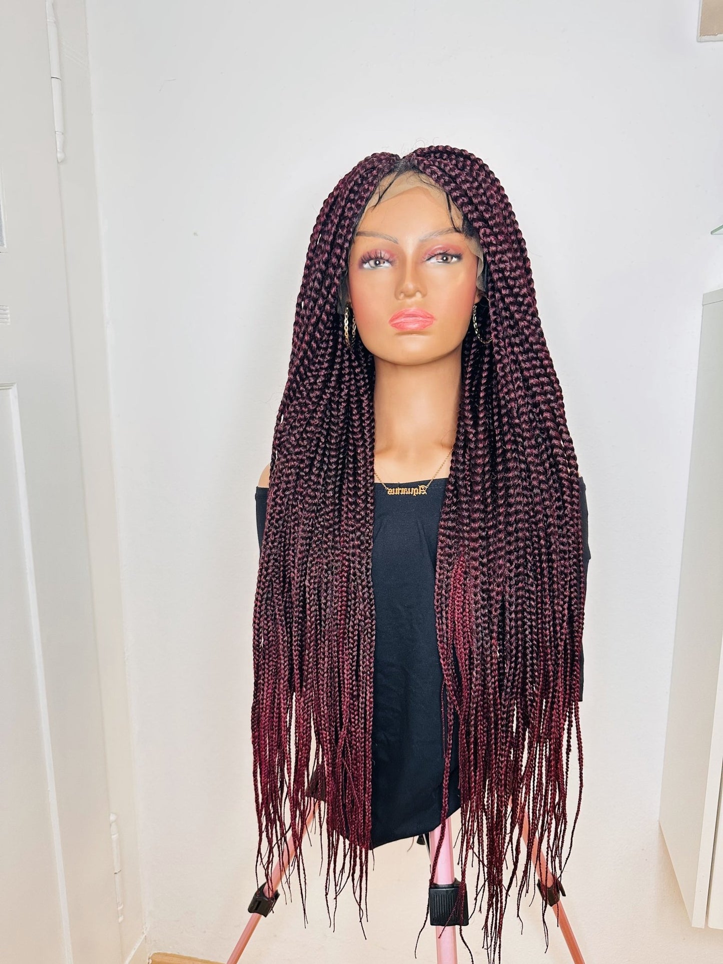 32 inches Full Lace Burgundy Box Braid Synthetic Hair Wig - Helens Couture