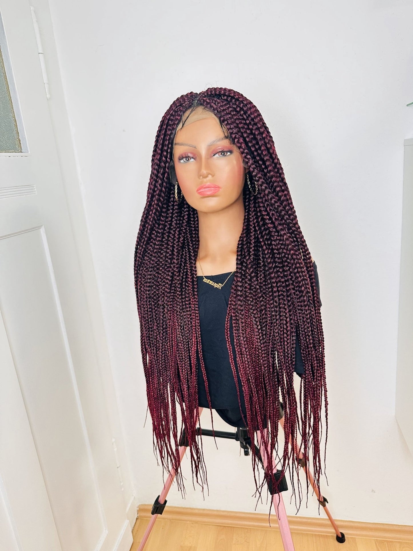 32 inches Full Lace Burgundy Box Braid Synthetic Hair Wig - Helens Couture