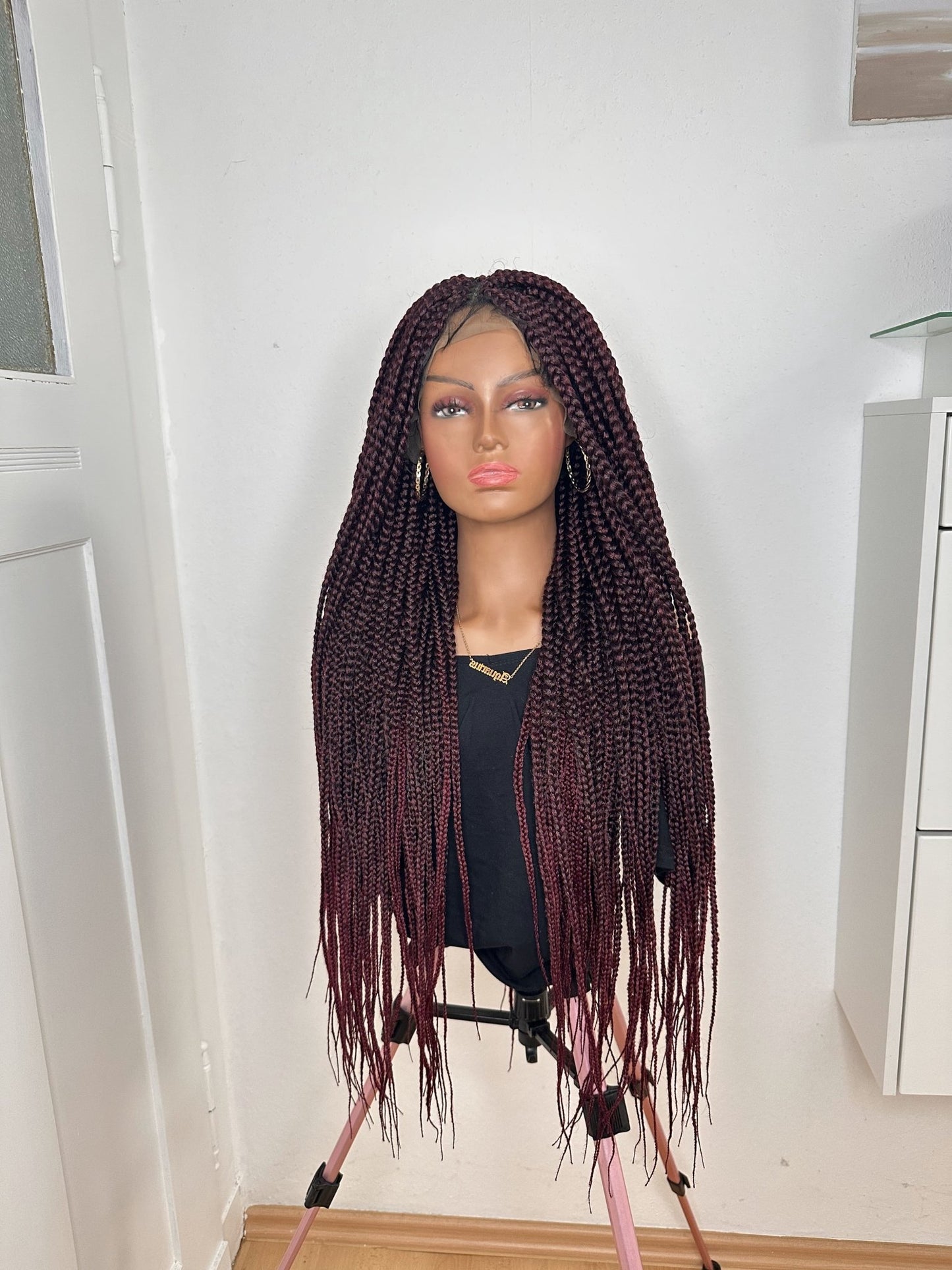 32 inches Full Lace Burgundy Box Braid Synthetic Hair Wig - Helens Couture